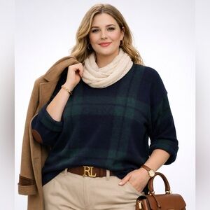 Tahari Green & Navy Plaid Knit Sweater Crewneck Size 2X